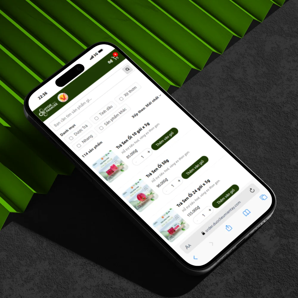 Giao diện điện thoại website đặt hàng nhanh Hygie & Panacee